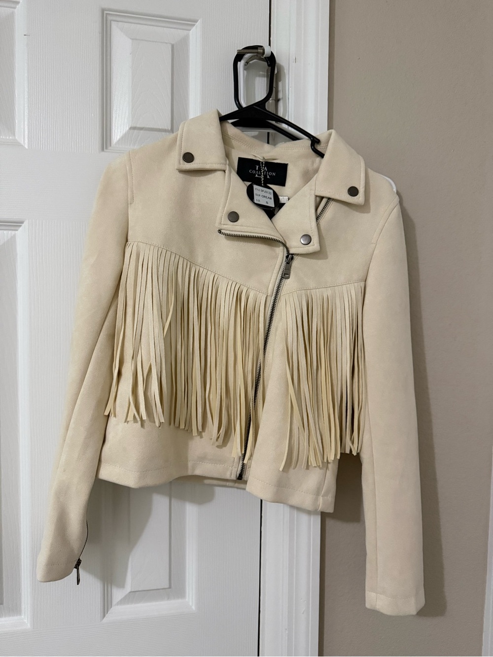 Cream Suede Fringe Moto Jacket